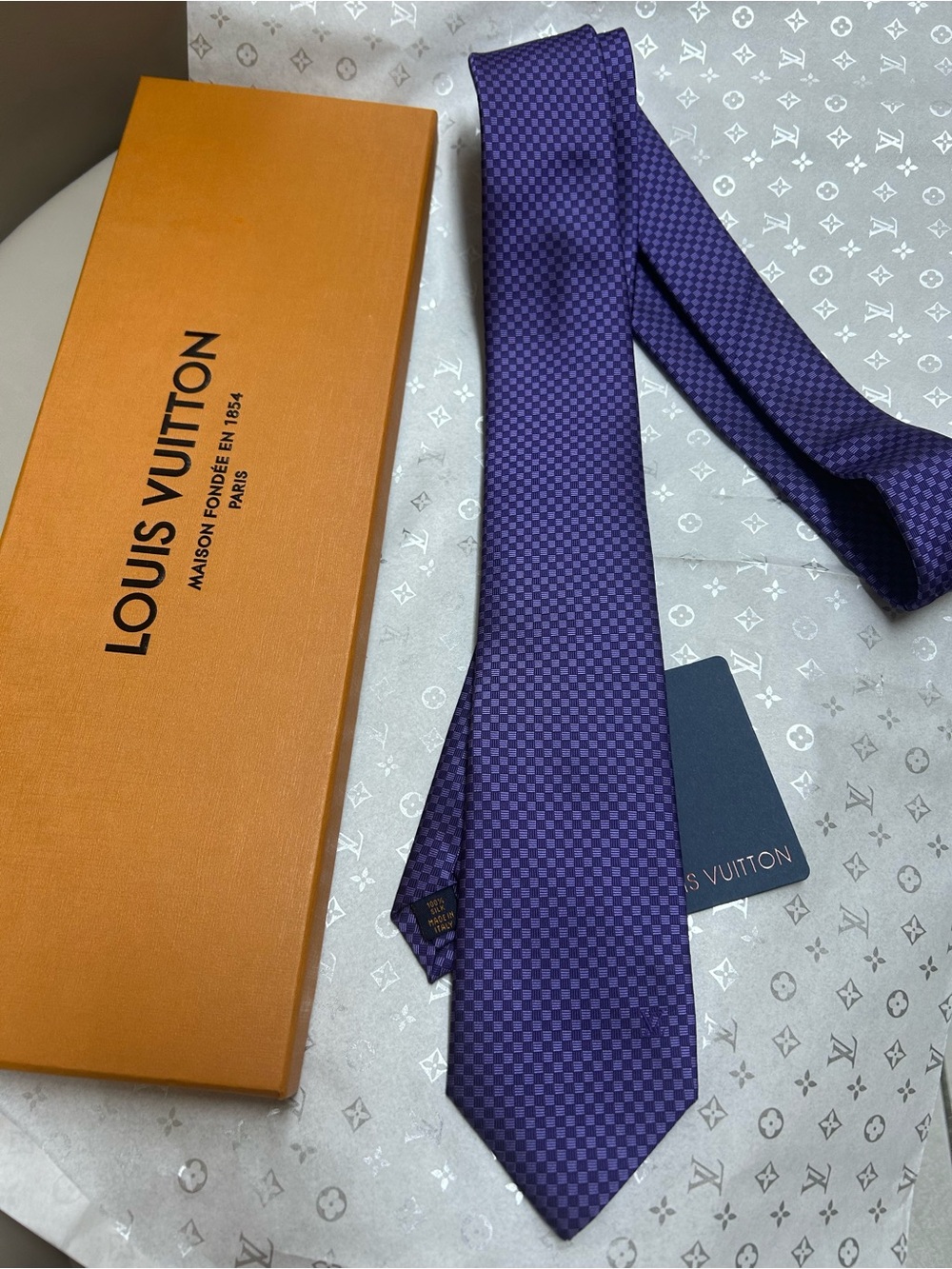 Louis Vuitton Purple Checkerboard Silk Tie